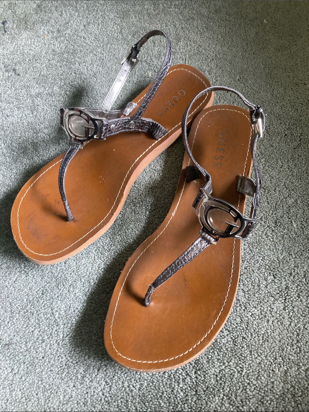 GUESS Silver T-Strap Leather Sandals with Brown Footbed